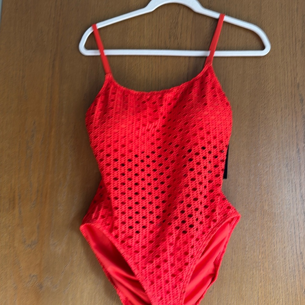 NWT Carmen Marc Valvo Women's Crochet One-Piece Swimsuit - orange size 12